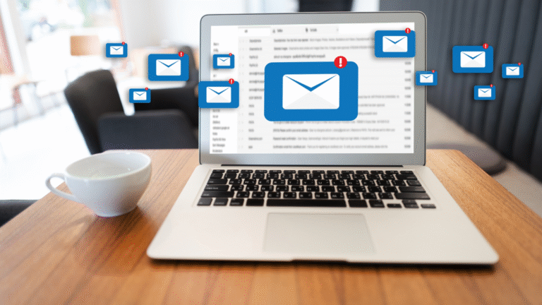 Laptop displaying an email inbox interface with notifications and messages.