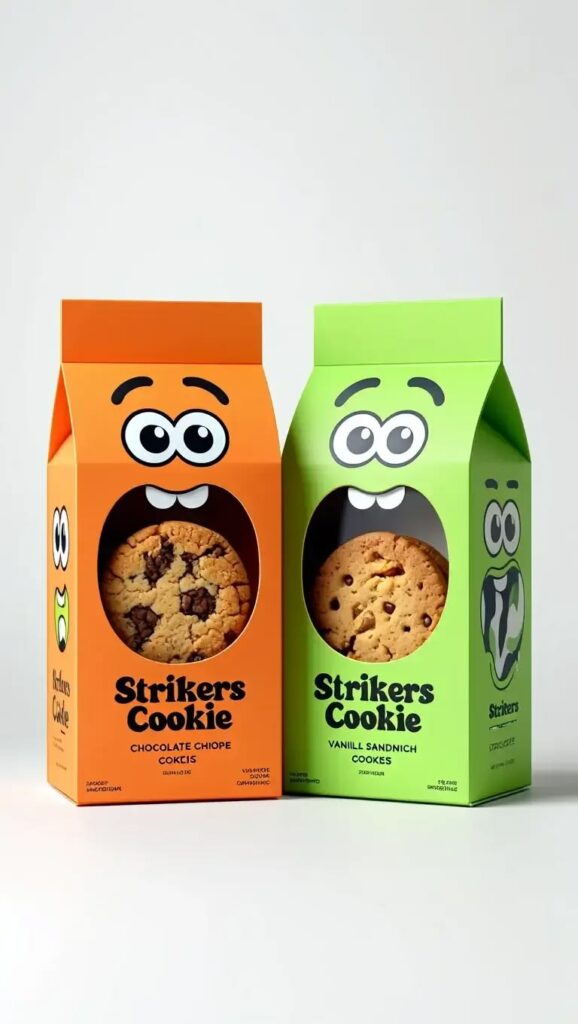 Orange and green cookie packaging bags with cartoon eyes