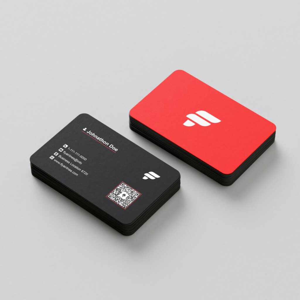 Black and red branded cards on a gray surface